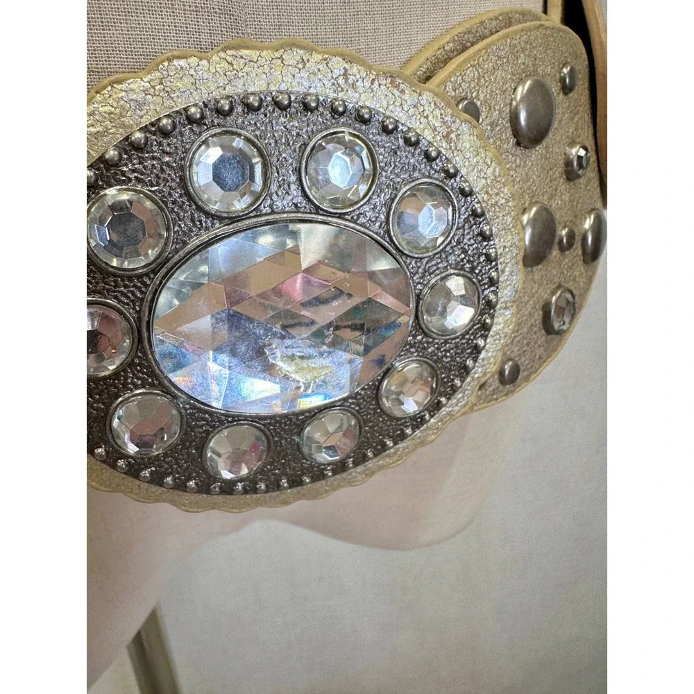 Concho Disc Belt Moroccan Style Gold Large/XL Rhinestone Studded Boho Wide‎ Y2K